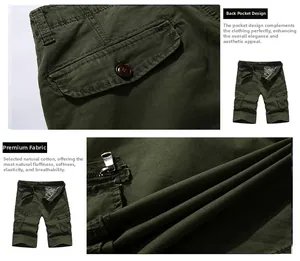 Detail view of military green cotton cargo shorts featuring rear button pockets and fabric texture