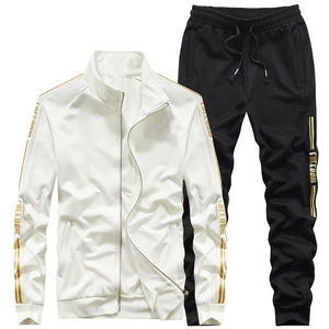 Men's Casual Sportswear Jacket And Jogger Pants Stand Collar Gold Striped Letter Print Viscose Nylon Spandex Blend Tracksuit
