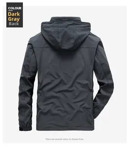 Detail view of dark grey men's hooded jacket back with elastic velcro cuffs and windproof fabric
