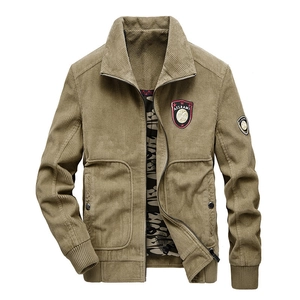 Men's khaki corduroy bomber jacket with stand collar and casual embroidery badges