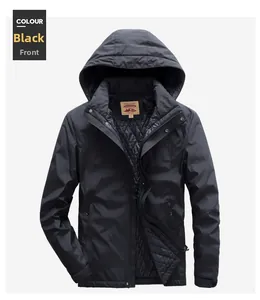 Detail of men's black hooded jacket with quilted lining and windproof front zipper