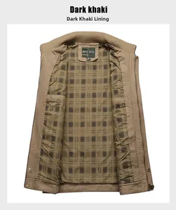 Close-up of the dark khaki jacket interior showing checkered lining and ribbed collar