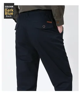 Detail view of men's casual navy pants featuring elastic waist and leather logo on back pocket