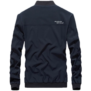 Navy blue men's bomber jacket back view with military print and ribbed trim