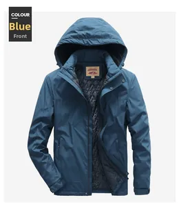 Detail of blue men's hooded jacket showing quilted lining and interior collar label