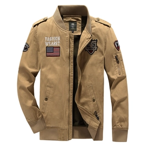 Men's khaki cotton military flight jacket with embroidered patches and ribbed cuffs