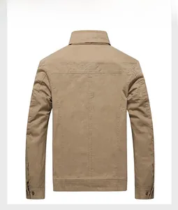 Back view of a men's dark khaki casual stand collar jacket with industrial stitching