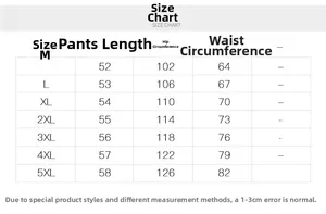 Size chart for men's summer cargo shorts showing waist and hip measurements from M to 5XL