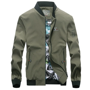 Men's olive green casual baseball jacket with ribbed collar and breathable mesh lining