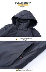 Detail of winter jacket featuring a detachable fleece-lined hood and red zipper pockets