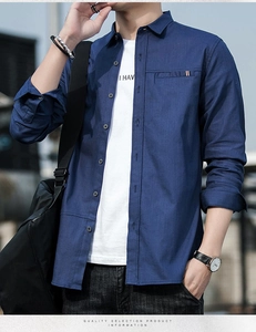 Detail of navy blue men's shirt showing breast pocket with tricolor ribbon and texture