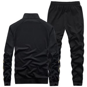 Men's black outdoor sports tracksuit with gold side stripes and standing collar jacket