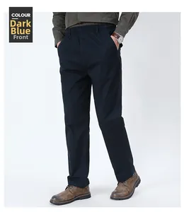 Front view of men's straight casual pants in black blue with elastic waistband detail