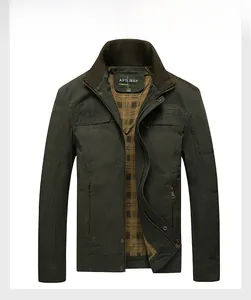 Detail view of military green jacket showing stand collar and brown ribbed neck lining