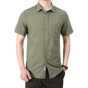 Men Short Sleeve Casual Shirt Cotton Blend Solid Color Turn Down Collar With Chest Pocket Wooden Buttons Summer Business Tops