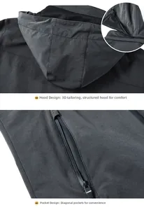 Detail of dark grey outdoor jacket featuring hooded neckline and waterproof zipper pockets