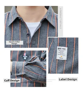 Detail shots of striped long sleeve shirt showing buttoned cuffs and square collar