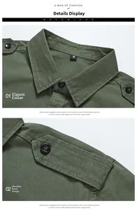 Détail d'une chemise homme vert armée avec col à revers classique et boutons d'épaulette