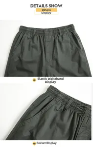 Detail showing elastic waistband and side slanted pocket on men's cotton casual pants