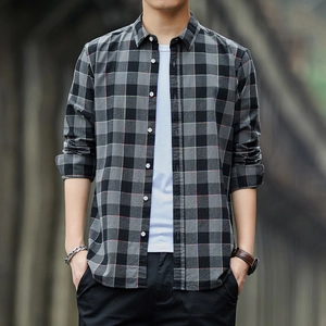 Men's casual long sleeve plaid cotton shirt in grey and black check pattern