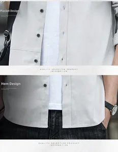 Detailed view of casual men's long sleeve shirt featuring black buttons and curved hemline