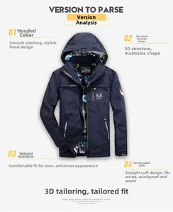 Detail view of navy blue hooded jacket featuring camo lining and embroidered sleeve ribbon