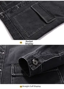 Vue détaillée des coutures contrastées blanches sur la poche et les poignets du blouson noir