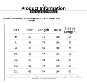 Size chart for men's long sleeve striped shirt including measurements and fabric composition