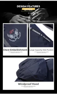 Detail showing windproof hood and military flying tiger emblem on dark blue jacket