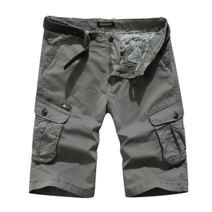Army green multi-pocket cargo shorts for men with black belt and durable cotton twill fabric