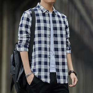 Men's casual long sleeve plaid shirt in blue and grey check with outdoor urban style