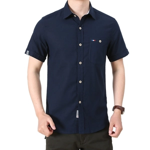 Men's casual navy blue short sleeve shirt in breathable cotton with single chest pocket