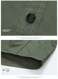 Vue détaillée de la chemise pour hommes vert armée avec boutons de marque et ourlet soigné