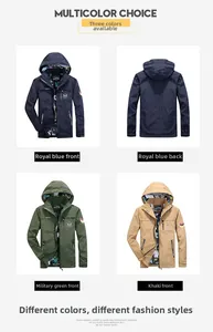 Detailed views of men's hooded outdoor jackets in blue, army green, and khaki colors