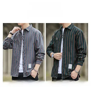 Detailed comparison of gray and dark green vertical striped shirts with chest pockets