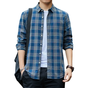 Men's blue plaid long sleeve cotton shirt featuring a casual fit and classic point collar