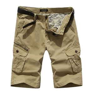 Men's khaki cargo shorts in durable canvas with multi-pocket design and leather belt