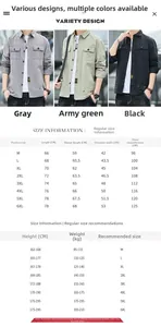 Men military cotton shirt size chart with detailed measurements from size M to 6XL