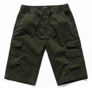 Short cargo en coton vert foncé pour hommes avec taille à cordon et poches latérales