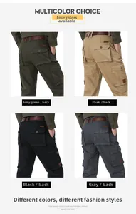 Vue détaillée du pantalon cargo multipoches montrant quatre couleurs et l'arrière