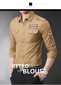 Detail of military-style khaki shirt with double chest pockets and embroidered patches