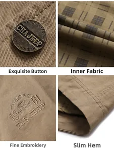 Detail view of khaki jacket with metal buttons, plaid lining and vintage embroidery