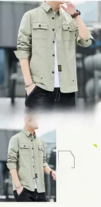 Detail view of cotton military shirt featuring flap pockets and utility side pockets