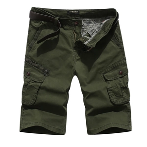 Men's outdoor cargo shorts in army green cotton fabric with multi-pockets and belt