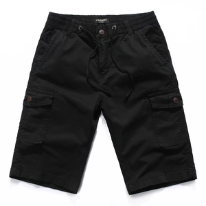 Short cargo noir pour homme en coton avec taille élastique à cordon et multipoches