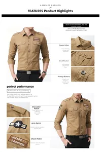 Detail view of khaki military shirt showing shoulder epaulets and chest embroidery