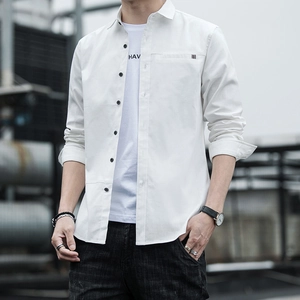 Men Cotton Long Sleeve Shirt Casual Urban Fashion Turn Down Collar Pocket Contrast Button Solid Color Breathable Top For Spring Autumn