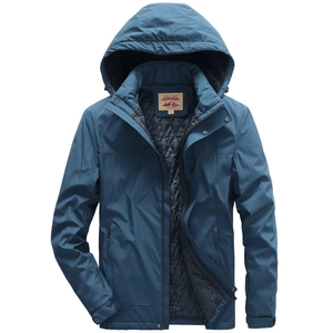 Navy blue hooded winter jacket for men featuring quilted lining and windproof fabric