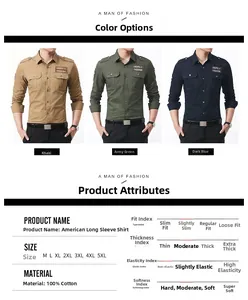 Detailed size chart and multi-color options for men's cotton slim fit military work shirt