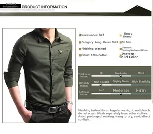 Detail view of army green long sleeve cotton shirt showing slim fit and washed fabric texture